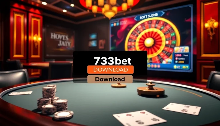 Engaging casino scene illustrating 733bet Download with poker table, roulette wheel, and vibrant betting interface.