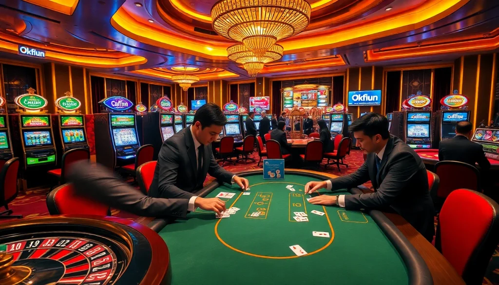 Engage in thrilling poker games at Okfun's luxurious casino, featuring vibrant tables and slot machines.