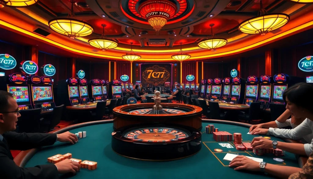 Players enjoying exciting games at the 7C77 casino with vibrant slot machines and a roulette wheel.
