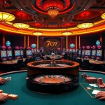 Players enjoying exciting games at the 7C77 casino with vibrant slot machines and a roulette wheel.