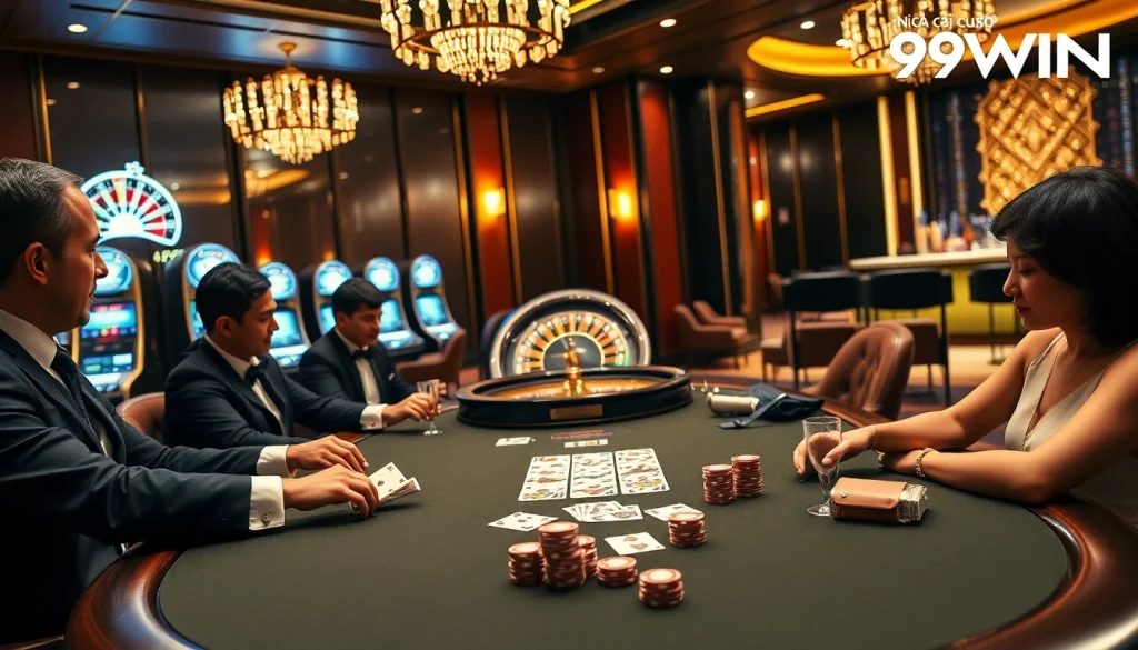 Engaged players at Nhà cái 99WIN's luxurious poker table amid vibrant casino atmosphere.