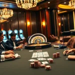 Engaged players at Nhà cái 99WIN's luxurious poker table amid vibrant casino atmosphere.