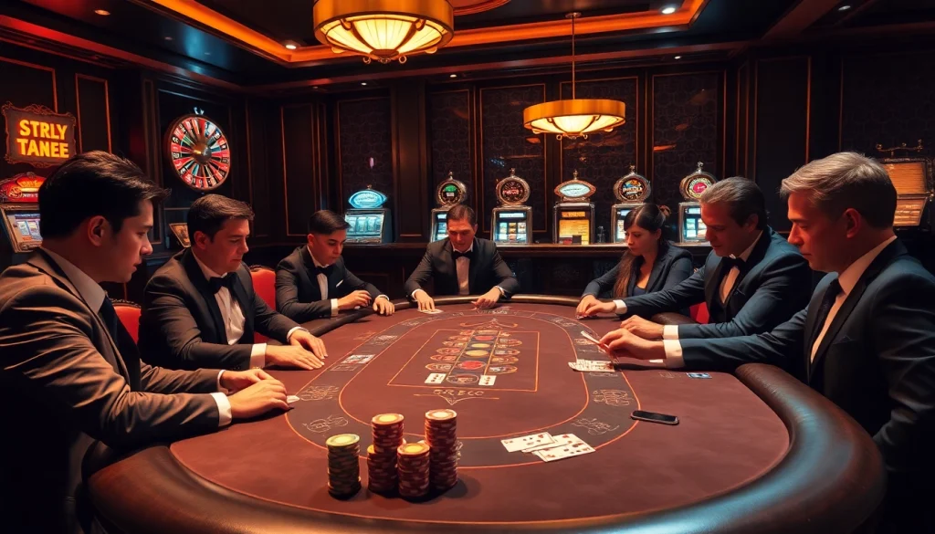 Exciting gaming scene at a professional casino showcasing 789f poker chips and cards.