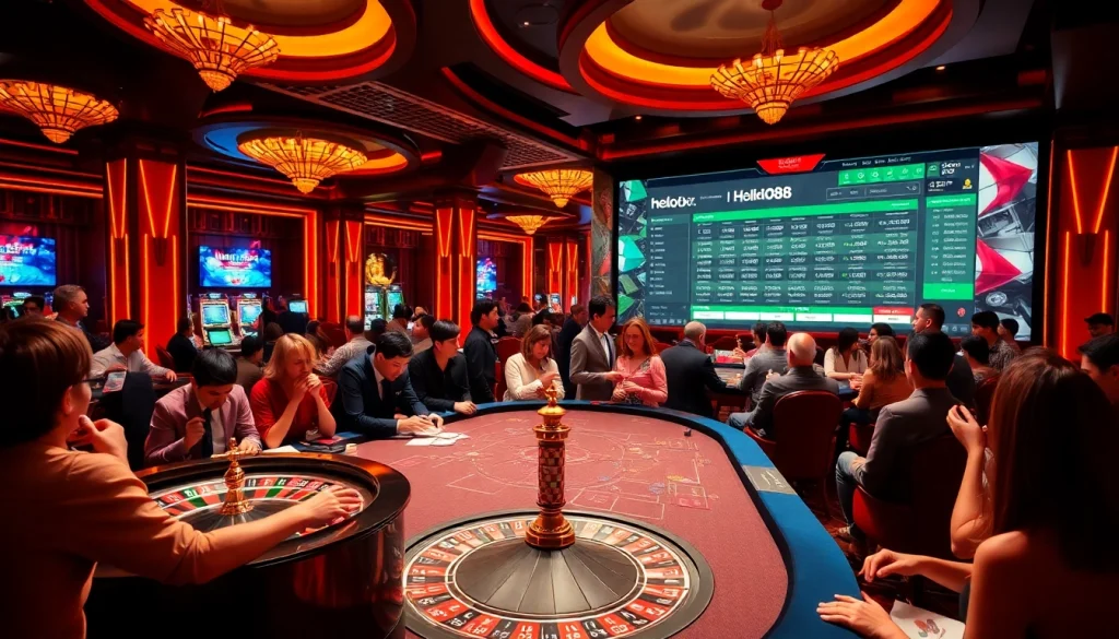 Hello88 captivates with a vibrant casino scene showcasing poker chips, cards, and roulette wheels.