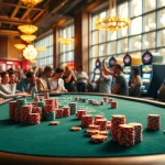 Experience thrilling gameplay at Kjc solutions in a luxurious casino setting with vibrant poker tables.