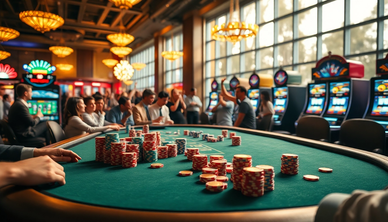 Experience thrilling gameplay at Kjc solutions in a luxurious casino setting with vibrant poker tables.