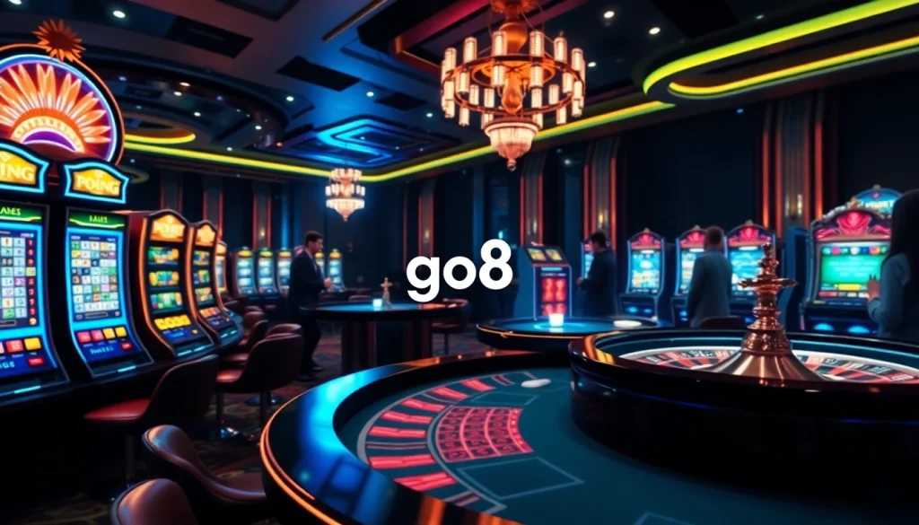 Players enjoying various games at the luxurious go8 online casino, featuring vibrant slot machines and a spinning roulette wheel.