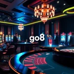 Players enjoying various games at the luxurious go8 online casino, featuring vibrant slot machines and a spinning roulette wheel.