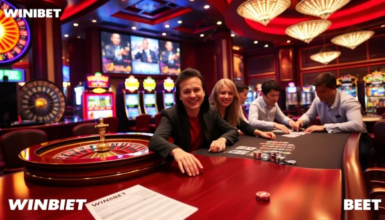 WINBET casino scene featuring vibrant roulette, engaging gamblers, and luxurious atmosphere.