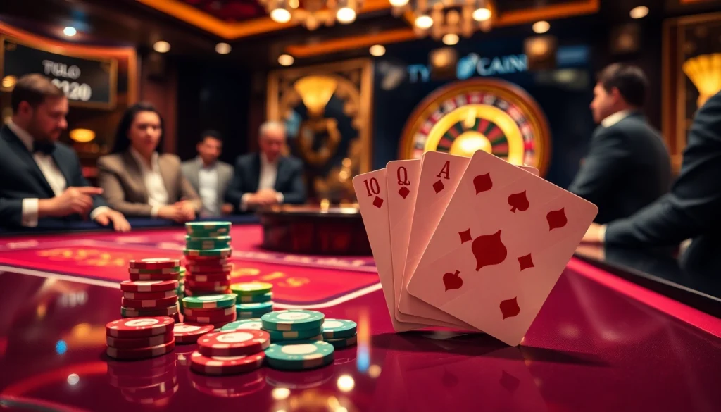 Engage in an exciting jbo casino game with stacked poker chips and a spinning roulette wheel.