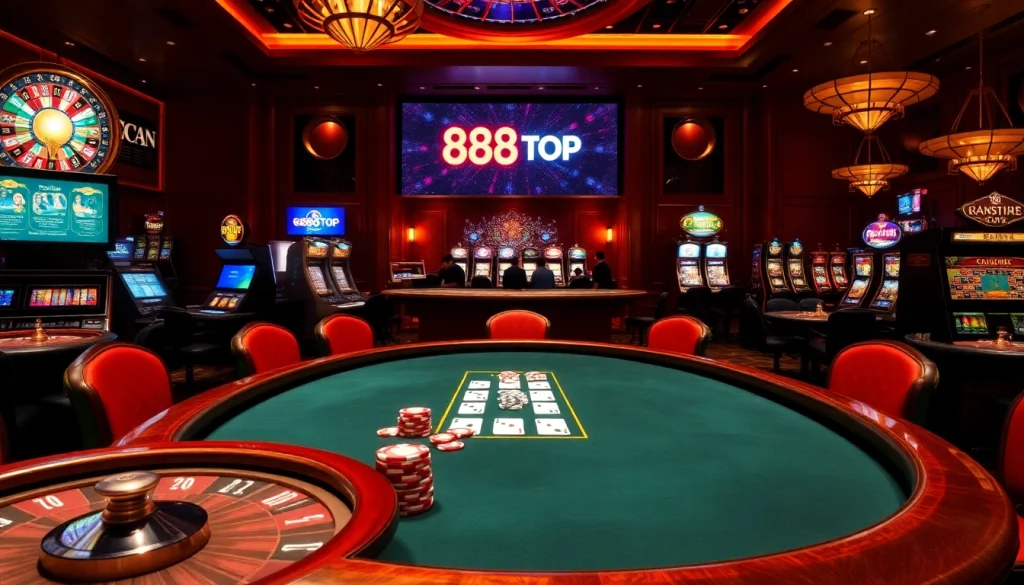 Betting excitement at 888TOP's luxurious casino scene with poker and roulette.