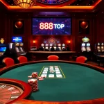 Betting excitement at 888TOP's luxurious casino scene with poker and roulette.