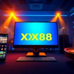 Dynamic gaming interface showcasing XX88 casino platform on multiple devices with exciting visuals.