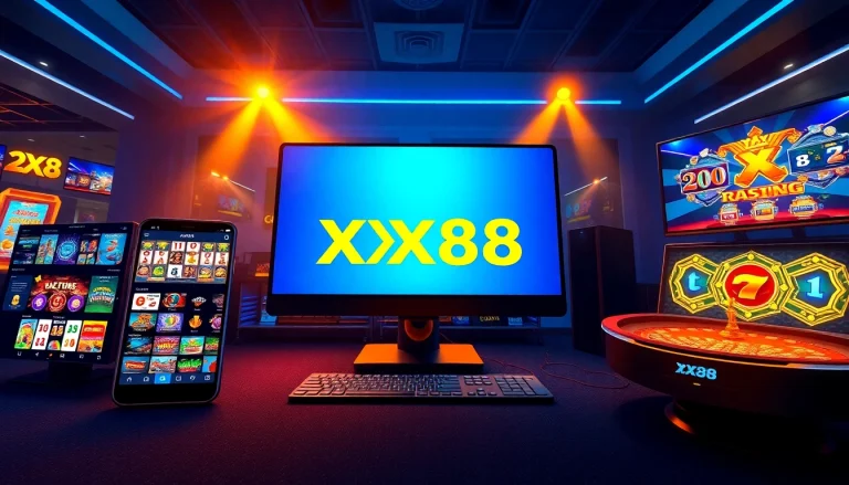 Dynamic gaming interface showcasing XX88 casino platform on multiple devices with exciting visuals.