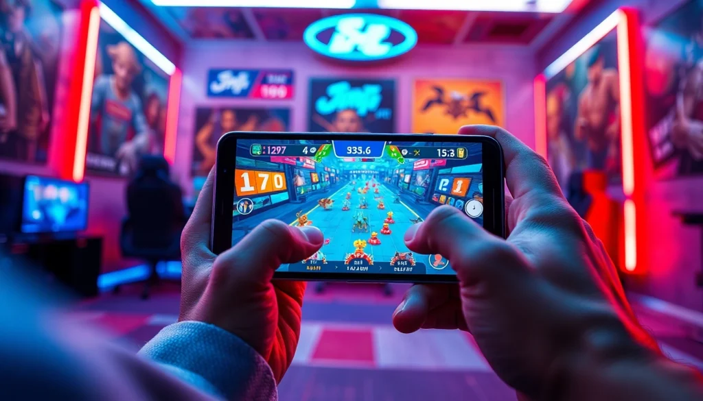 Main player enjoying qq macan game on a smartphone with vibrant colors in a lively gaming room.