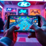 Main player enjoying qq macan game on a smartphone with vibrant colors in a lively gaming room.