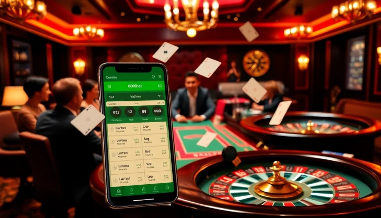 Vibrant casino scene illustrating 6666bet Download with poker action, lively lighting, and elegant players.