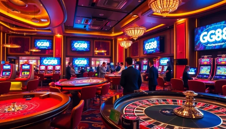 Players celebrating a big win at GG88 casino, featuring stacked poker chips and slot machines.