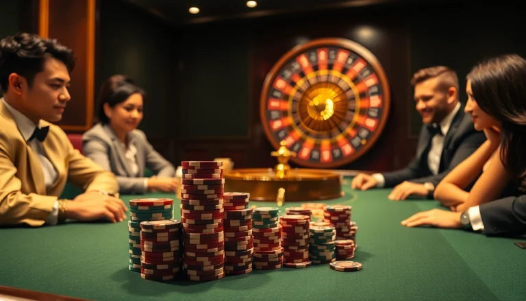 Players enjoy an exciting poker game at new888 casino table amidst vibrant chips and a roulette wheel.