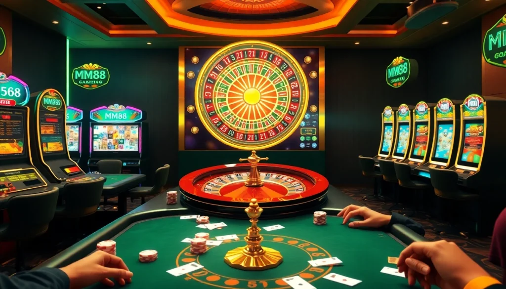 Engage in thrilling gameplay at MM88 with vibrant casino tables, cards, and roulette.