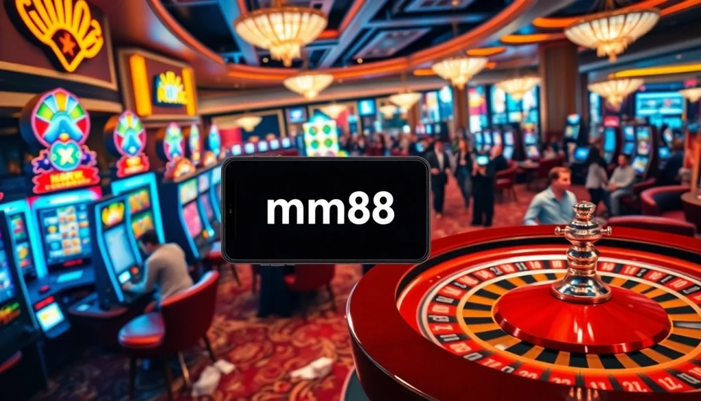 An engaging casino scene capturing players using the link mm88 for online gambling, featuring vibrant slot machines and poker tables.