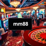 An engaging casino scene capturing players using the link mm88 for online gambling, featuring vibrant slot machines and poker tables.