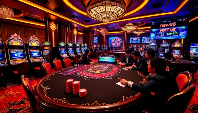 Experience high-end gambling at new88 with vibrant casino tables, poker chips, and exciting slot machines.