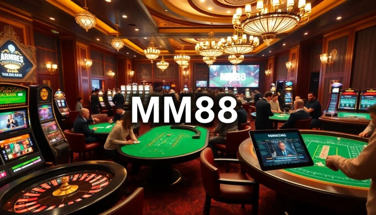 Players enjoying casino games and betting at MM88, with vibrant slot machines and poker tables in action.
