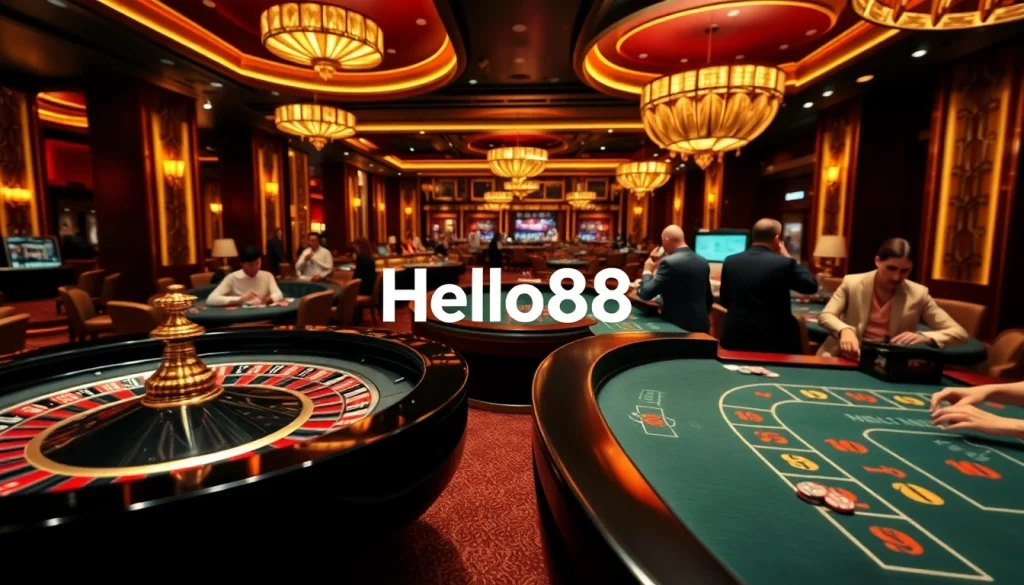 Exciting casino scene featuring Hello88 poker games with vibrant atmosphere and luxurious decor.