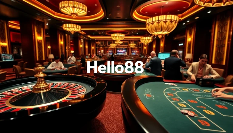 Exciting casino scene featuring Hello88 poker games with vibrant atmosphere and luxurious decor.
