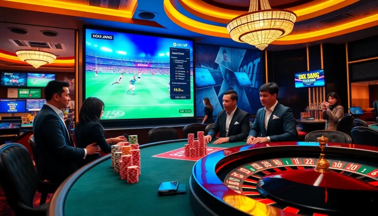 Exciting gamblers engaging in betting at OK9 BÓNG ĐÁ's luxury casino setting.