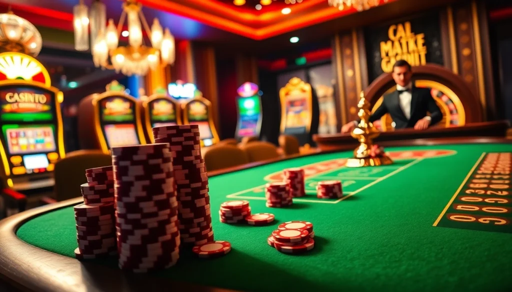 A thrilling casino scene at https://soibet.black/ with vibrant tables, poker chips, and a roulette wheel.