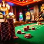 A thrilling casino scene at https://soibet.black/ with vibrant tables, poker chips, and a roulette wheel.