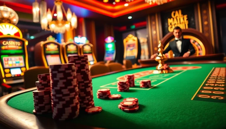 A thrilling casino scene at https://soibet.black/ with vibrant tables, poker chips, and a roulette wheel.