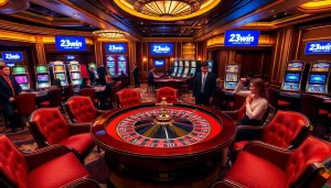 Players gambling at a luxurious 23win casino environment with roulette and poker.