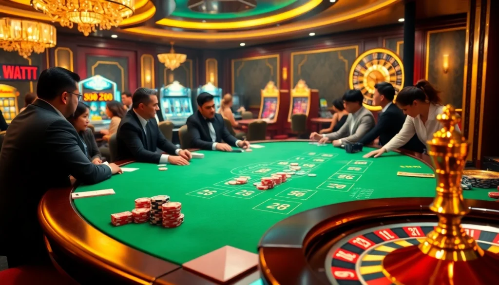 Players enjoying thrilling games at https://mk8th.net/ online casino with vibrant tables and slot machines.