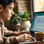 在舒适咖啡馆使用 WhatsApp Web 的年轻成年人，展示快连官网的沟通功能。