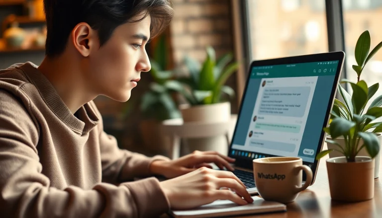 在舒适咖啡馆使用 WhatsApp Web 的年轻成年人，展示快连官网的沟通功能。