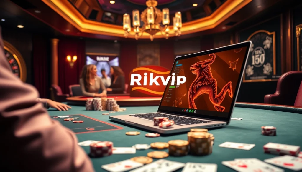 Players enjoying a thrilling game at Rikvip online casino, surrounded by chips and cards.
