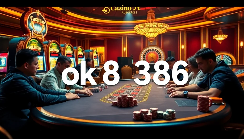 Intense poker gameplay at a luxurious casino table featuring ok 8386 branding.