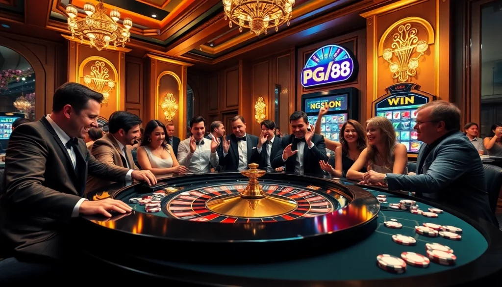Experience the vibrant excitement of gambling at a casino featuring pg88 win on a slot machine, with players celebrating their victories.