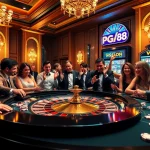Experience the vibrant excitement of gambling at a casino featuring pg88 win on a slot machine, with players celebrating their victories.