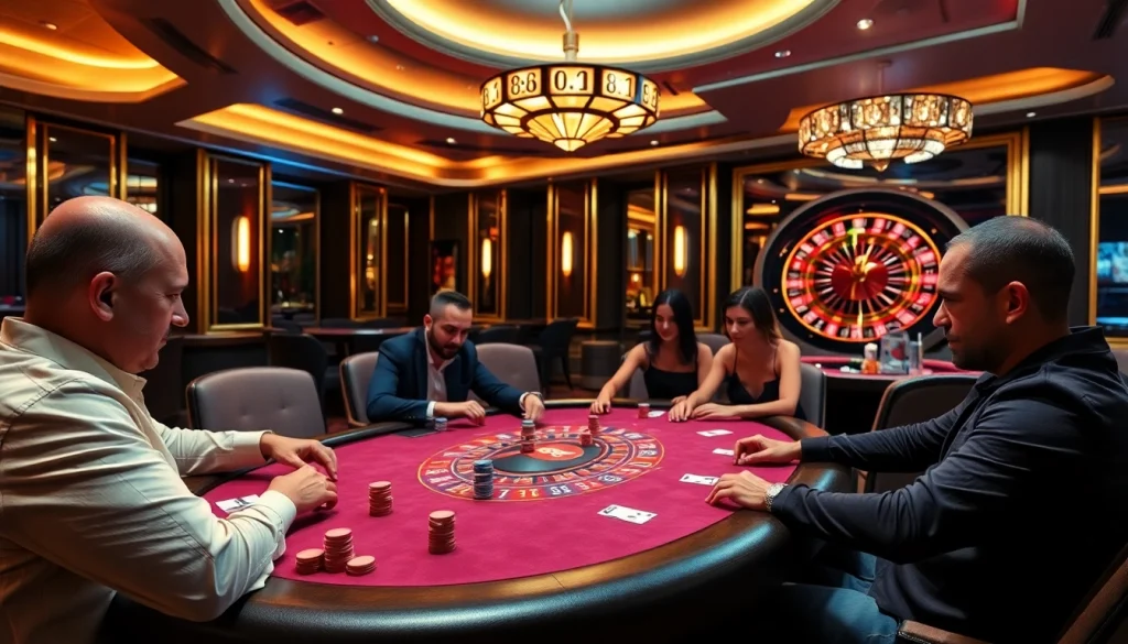 Players strategize at a poker table in a luxurious casino with 88i branding, capturing the thrill of gambling.