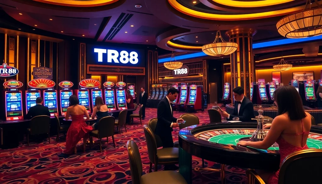 TR88 players enjoy a thrilling gambling experience at luxurious casino tables.