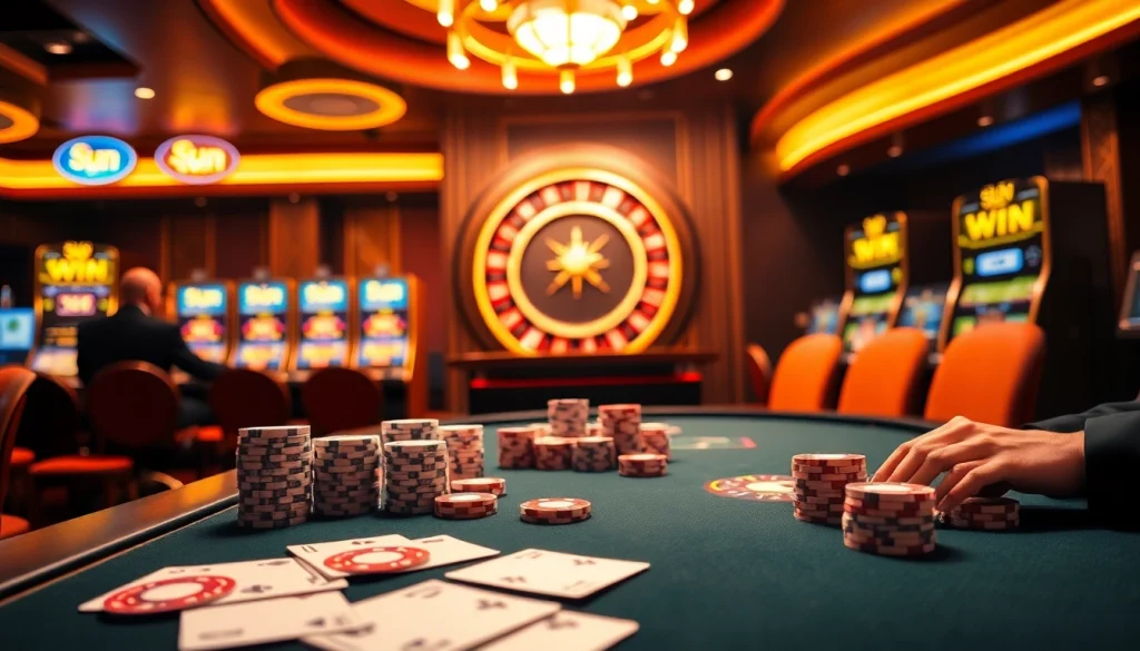 Experience the thrill of "Sun Win" at a vibrant casino table featuring poker chips and cards.