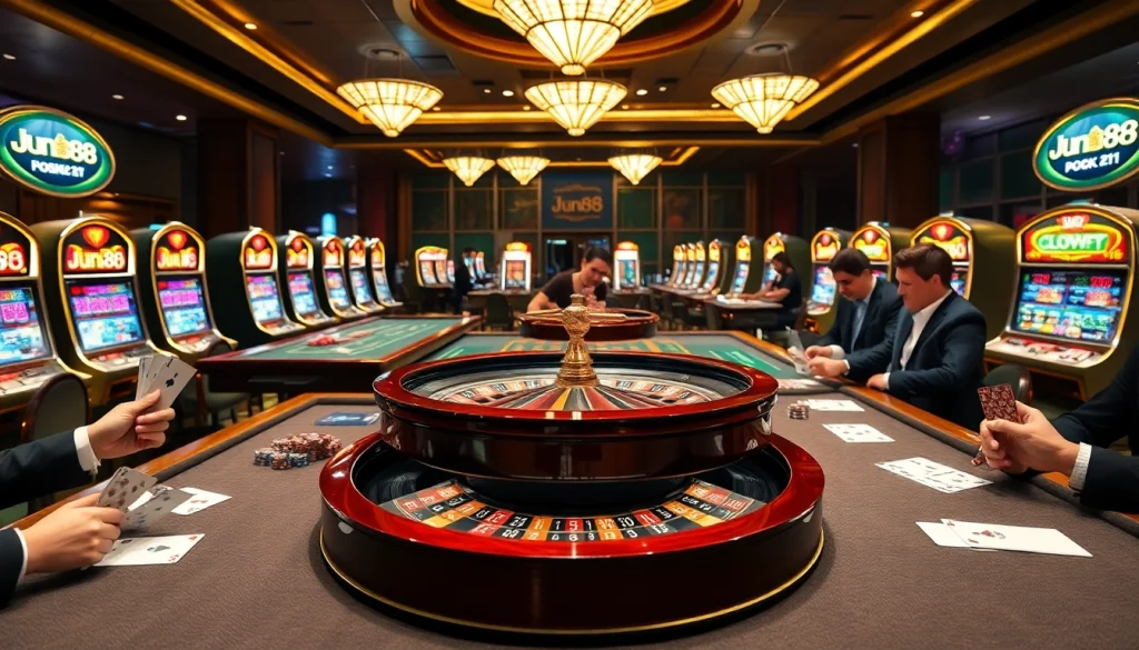 Experience thrilling gameplay at Jun88 casino with elegant tables and vibrant slot machines.