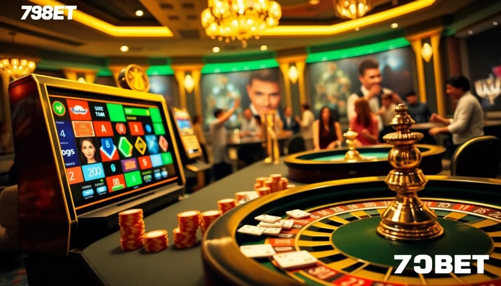 Experience the thrill of 789BET with a vibrant casino scene showcasing poker, roulette, and excitement.