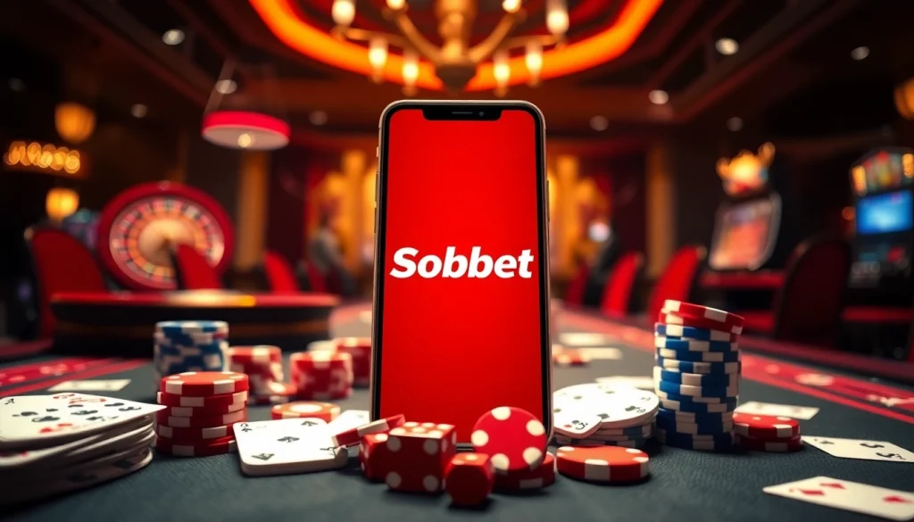 Sbobet mobile interface displayed with poker chips and dice in an exciting casino setting.