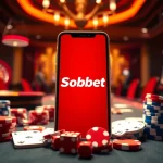 Sbobet mobile interface displayed with poker chips and dice in an exciting casino setting.