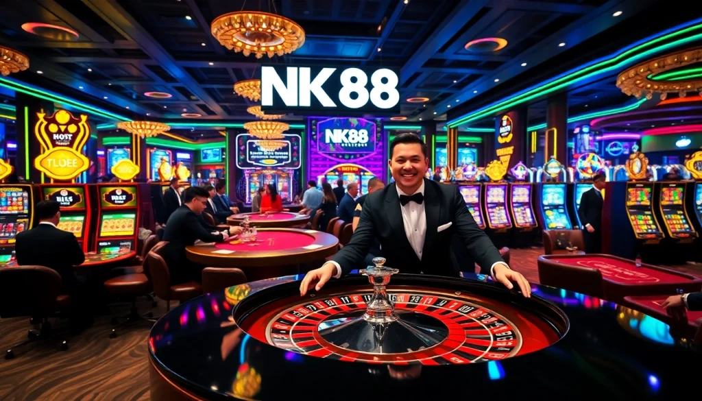 NK88 logo enhances excitement at a vibrant casino with players winning at roulette and poker tables.
